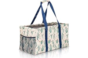 LUCAZZI Extra Large Utility Tote Bag - Oversized Collapsible Reusable Wire Frame Rectangular Canvas Basket With Two Exterior Pockets For Beach, Pool, Laundry, Car Trunk, Storage - Cactus White