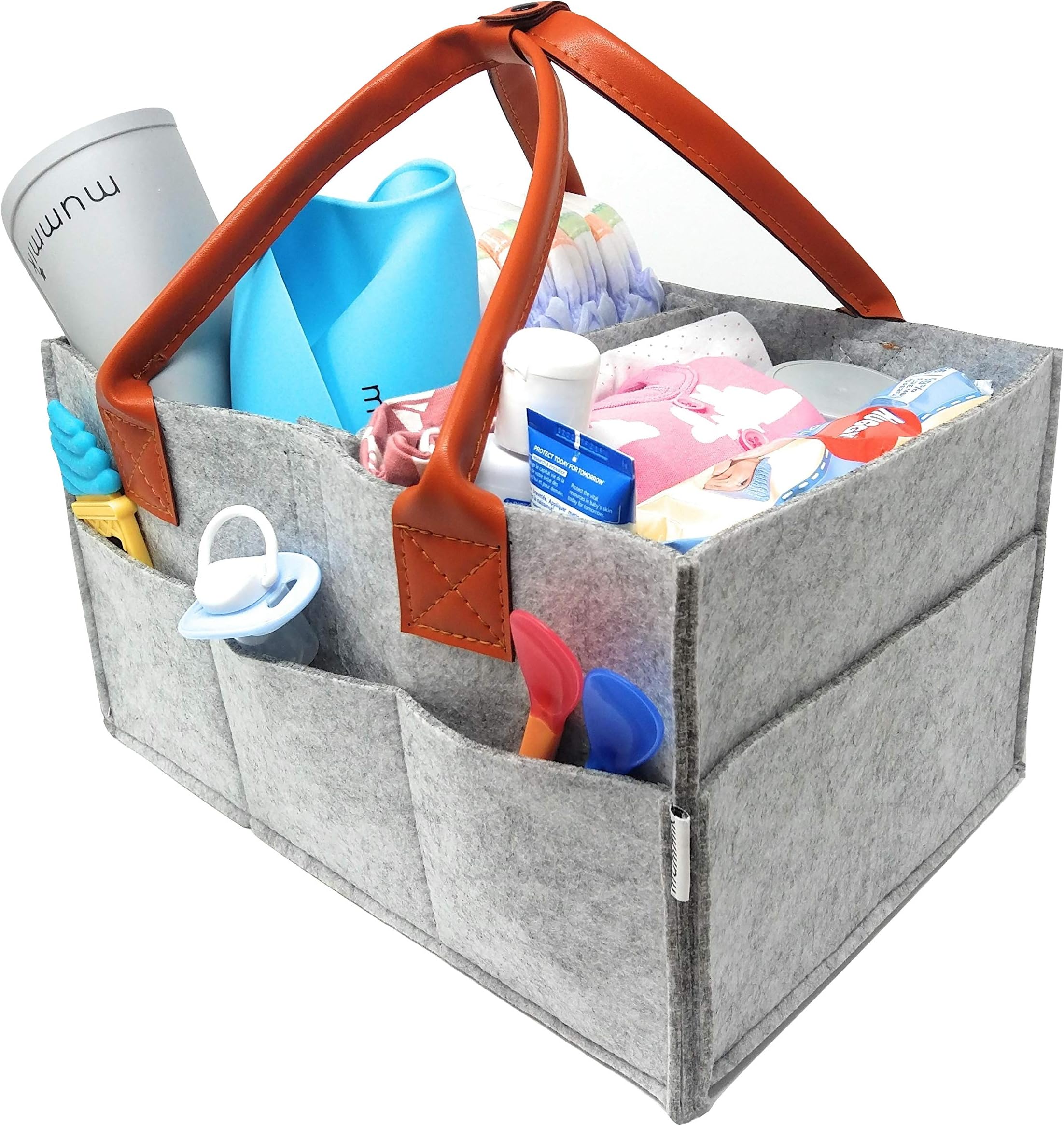 Mummik Baby Diaper Caddy | Nursery Diaper Tote Bag | Portable Car Travel Organiser | Boy Girl Grey Felt Diaper Storage Bin Organizer | Changeable Compartments | Baby Shower Gift Basket