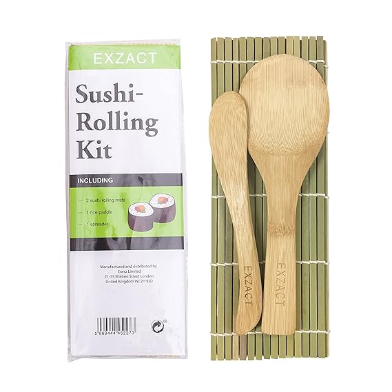 Exzact EX-SR04 Bambus Sushi Roll-Kit 4 Teilig - 2 x Matten, 1 x Reis Paddel, 1 x Reis Spreizer, komplett natürlich