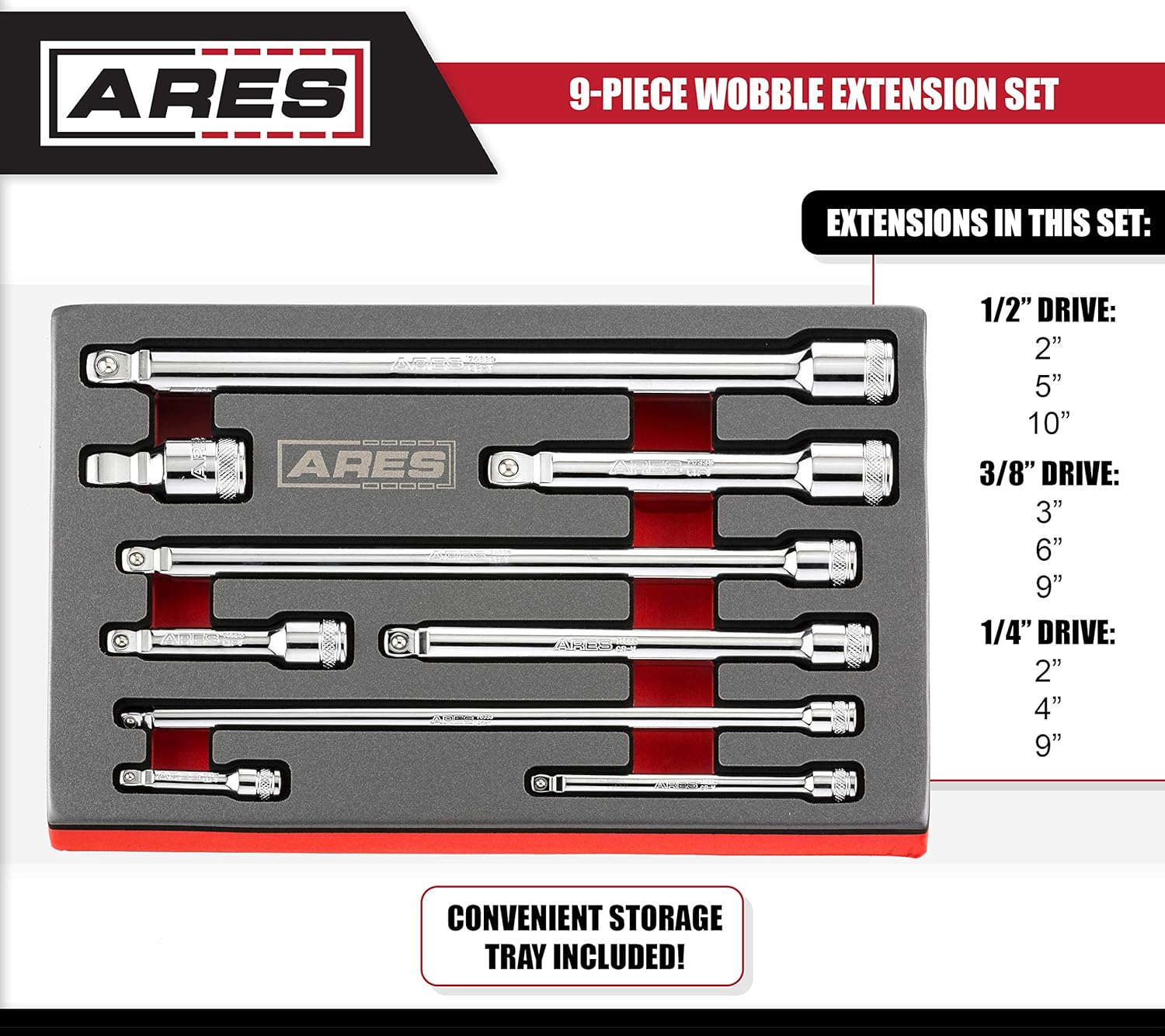 ARES 70330-9-Piece Wobble Extension Set - Premium Chrome Vanadium Steel Construction - 1/4-inch, 3/8-inch and 1/2-inch Drive Sizes Included - Storage Tray Included - - 