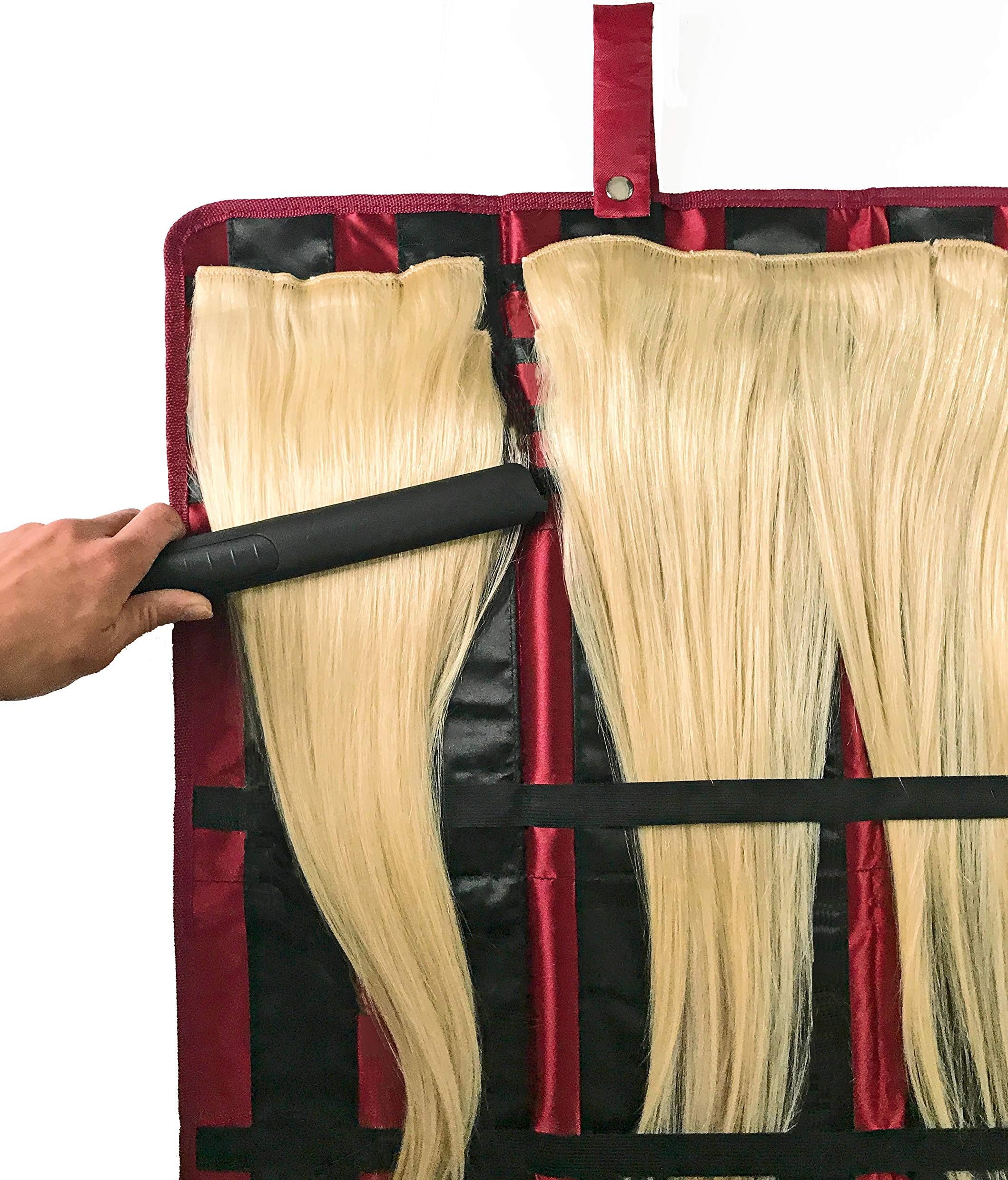 Hair Extension Storage Case with Hang Handle - Portable Holder Keeps Your Clip-In and Tape-In Extensions Smooth and Secured for Easier Styling and Reapplying - Great for Travel! โฆ (26", Black/Red)