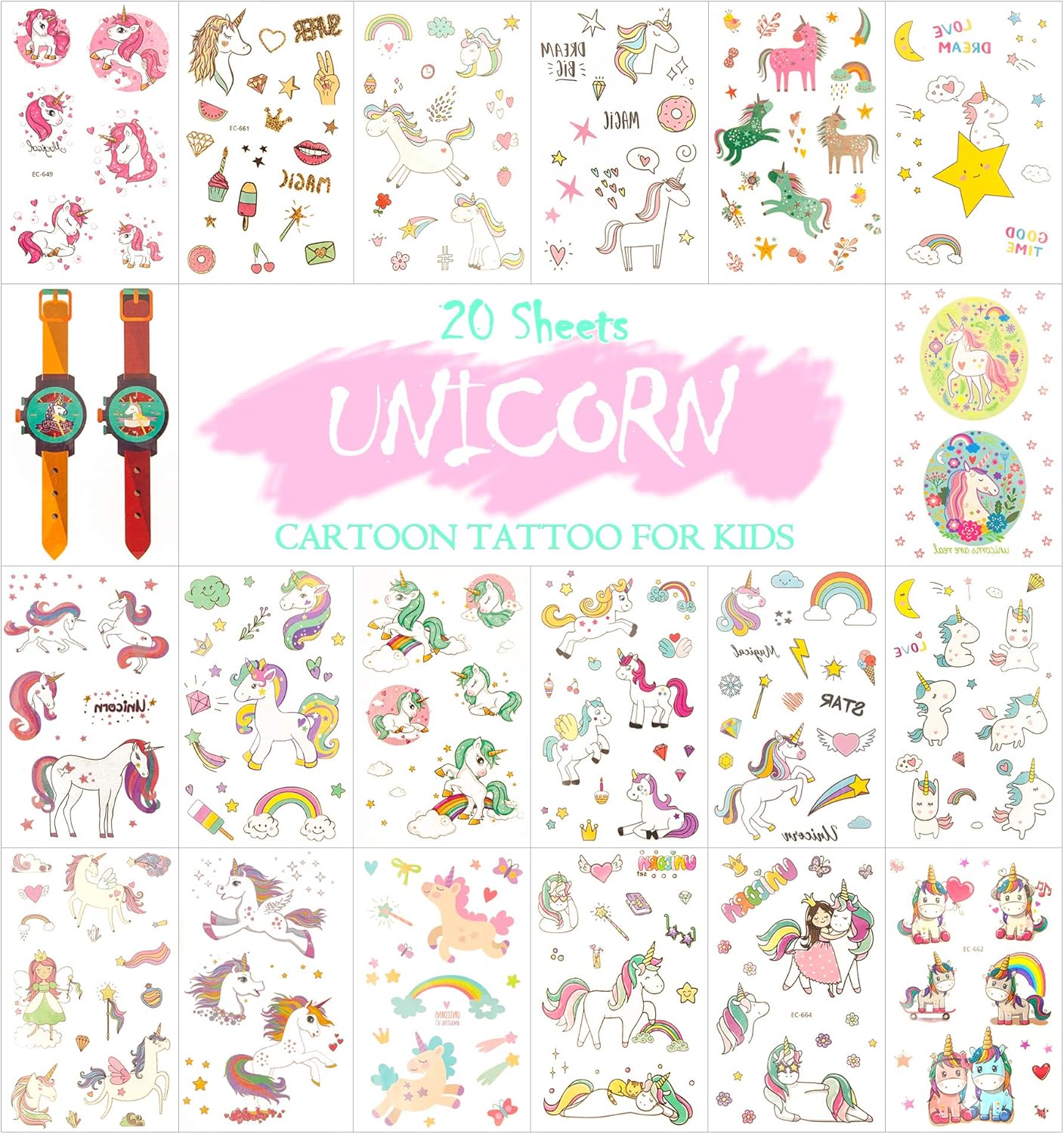 MAPLE UK 20 Sheets Temporary Tattoos for Kids Removable Sticker Tattoo for Boys Girls Children Tattoos Perfect Party Bag Filler (Unicorn)