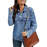 Womens Denim Top Pullover Long Sleeve V Neck Jean Top Oversized Loose Fit Denim Shirt Women Casual Blouses Fall