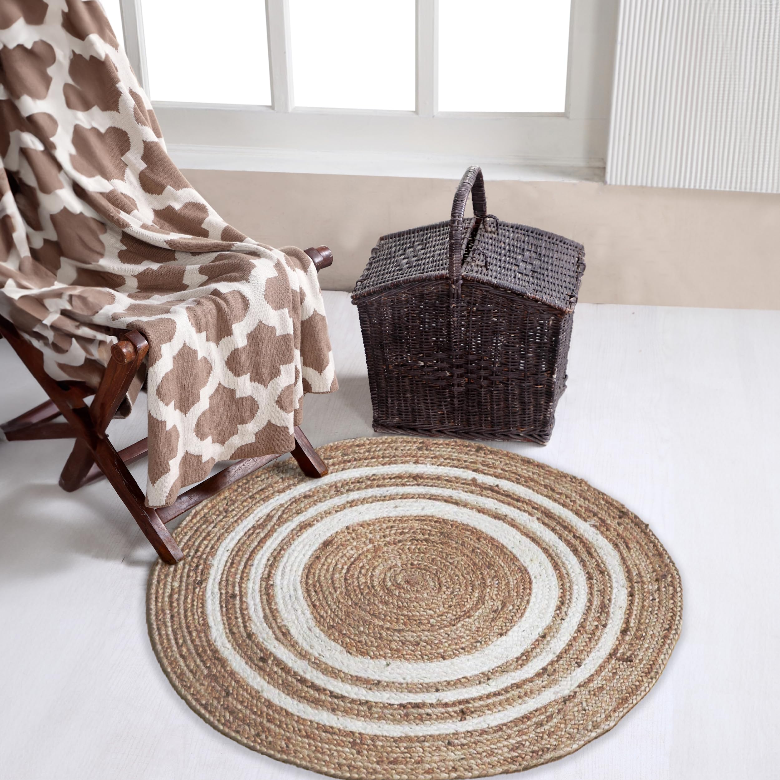 Second Nature Online KHIDAKEE Jute Round Rug | Ethically Sourced | Eco-Friendly | Handwoven | Natural Fiber with White Stripe Design | Small Size (90 cm Diameter)