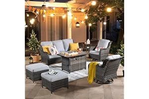 ovios 7 Pieces Patio Furniture Set with Fire Pit Table, Outdoor Wicker Swivel Rocking Chairs with Comfy Cushions, All Weather High Back Sofa Couch Set, Grey Rattan, Grey