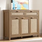 SICOTAS Rattan Sideboard Buffet Cabinet with Storage, Boho Credenza Accent Cabinet with 3 Doors and 2 Drawers, Farmhouse Cons