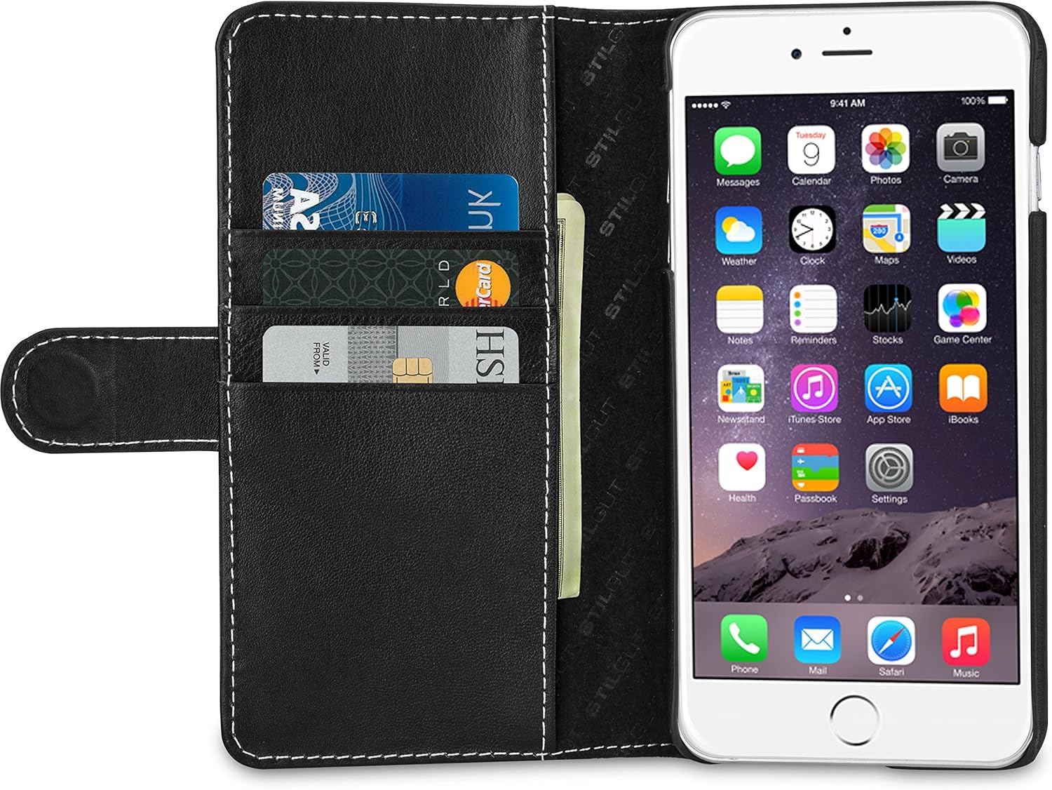 StilGut Wallet Type Leather Case Compatible with iPhone 6Plus/6s Plus 5.5", Black Nappa - Image 3