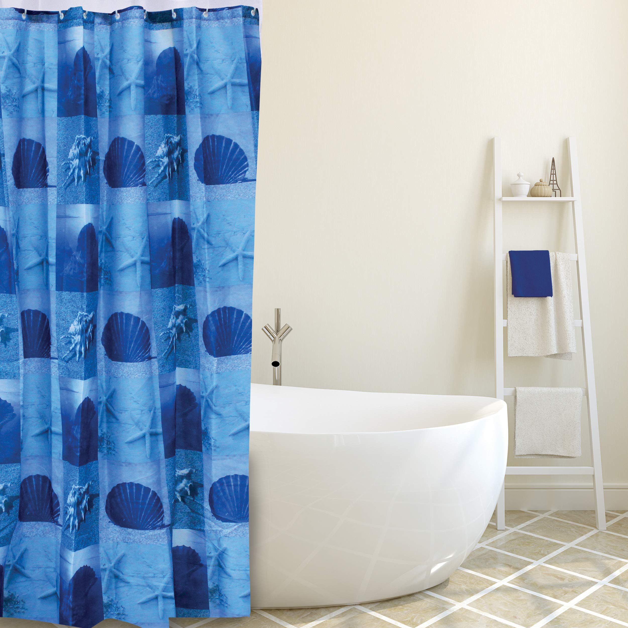 MSV "Shellfish Polyester Shower Curtain, White/Blue, 180 x 200 cm