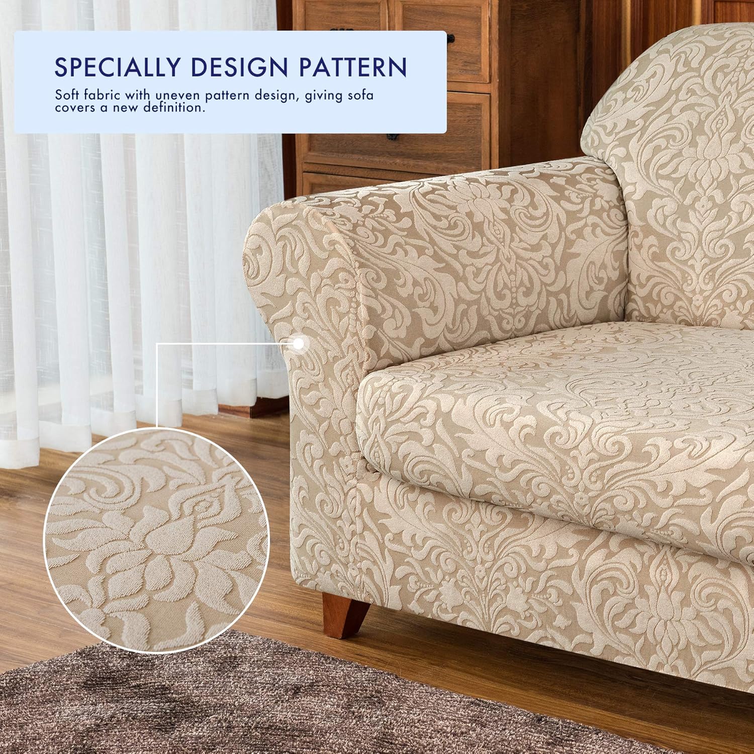 subrtex Sofa Slipcover 2-Piece Jacquard Damask Couch Cover with Seat Cushion Stretch Furniture Protector for Armchair in Living Room for Kids, Pets (Small,Linen): Home & Kitchen