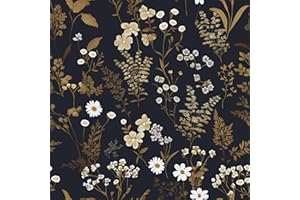 Laatse Dark Floral Wallpaper Peel and Stick 17.5in x 118in Vintage Golden Leaf Wallpaper Vinyl Waterproof Self-Adhesive Boho Botanical Wall Paper Mural for Bookcase Bedroom Cabinet Decor