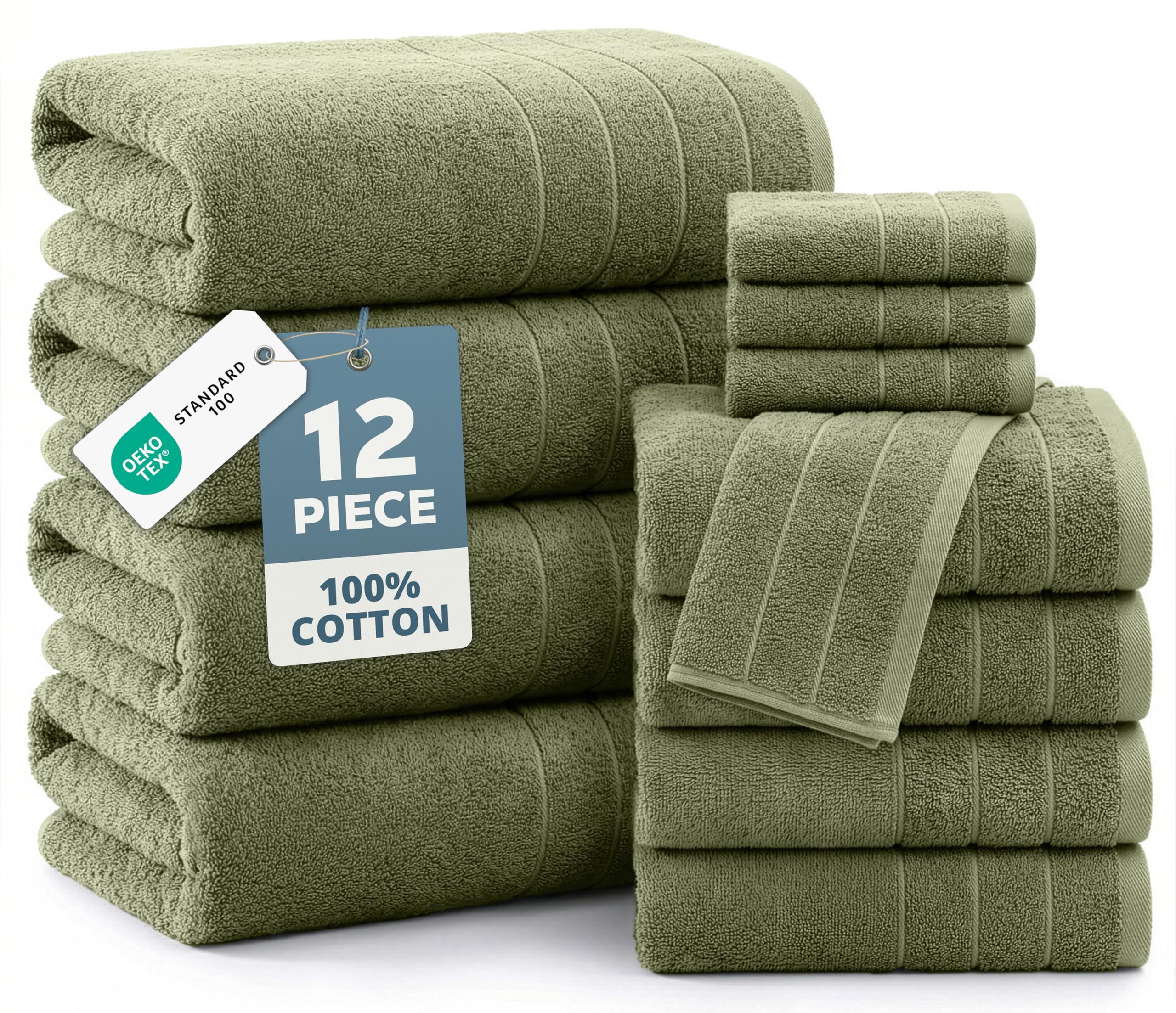 casa platino towel set for bathroom 12 piece soft absorbent - oil green