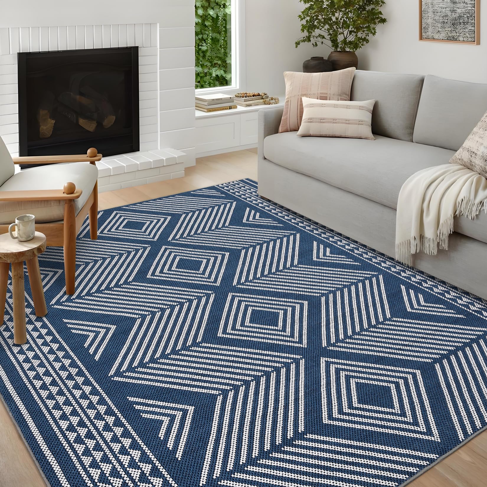 GlowSol Washable Area Rugs 9×12 Living Room Rug, Non-Slip Tribal Neutral Large Rug, Stain Resistant Large Bedroom Stripe Accent Floor Carpet for Dining Room Office, Blue
