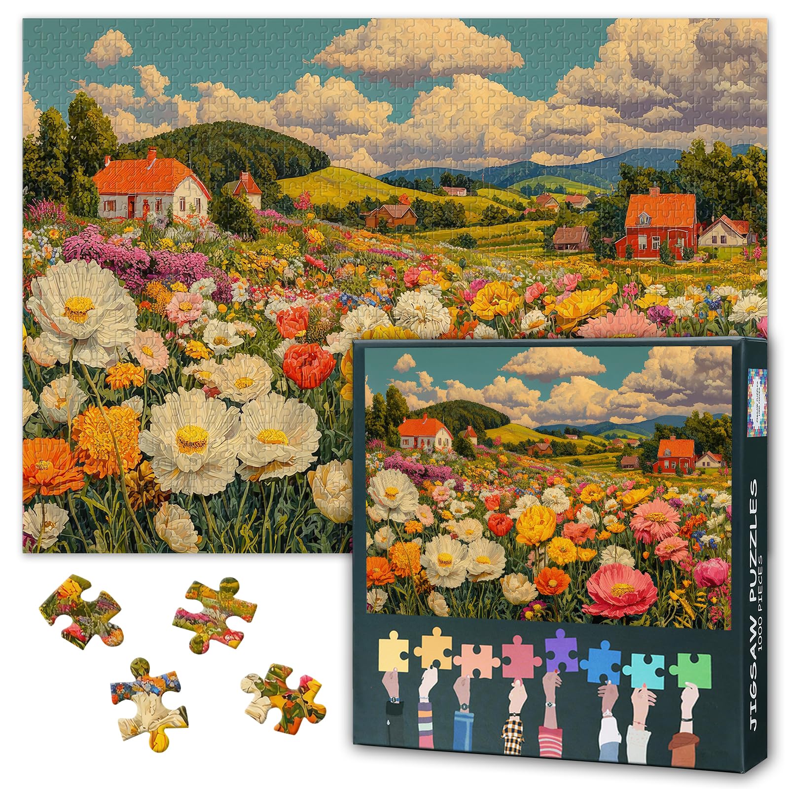 Vibrant Wildflowers Bloom in a Picturesque Valley Puzzles for Adults 1000 Piece, Scenery Themed, Flowers Challenging Jigsaw Puzzle Gift for Mom Dad Family Frien Game Great Gift Idea, 50x70cm