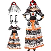 Opemon 3pcs Day of the Dead Costumes for Women Halloween Cosplay Mask with Face Tattoos Skeleton Flower Dress