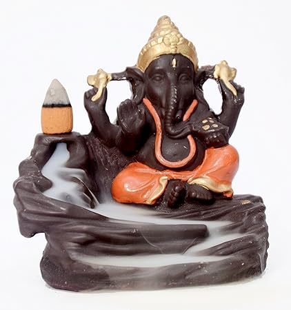 Decora Craft Poly Resin Lord Bal Ganesha Smoke Fountain with 10 Smoke Back Flow Scented Cone Incenses (Orange, Standard Size)
