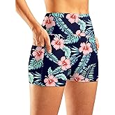 Pudolla Womens Swim Shorts High Waisted Bathing Bottom Shorts Tummy Control Board Swimsuit with Pockets