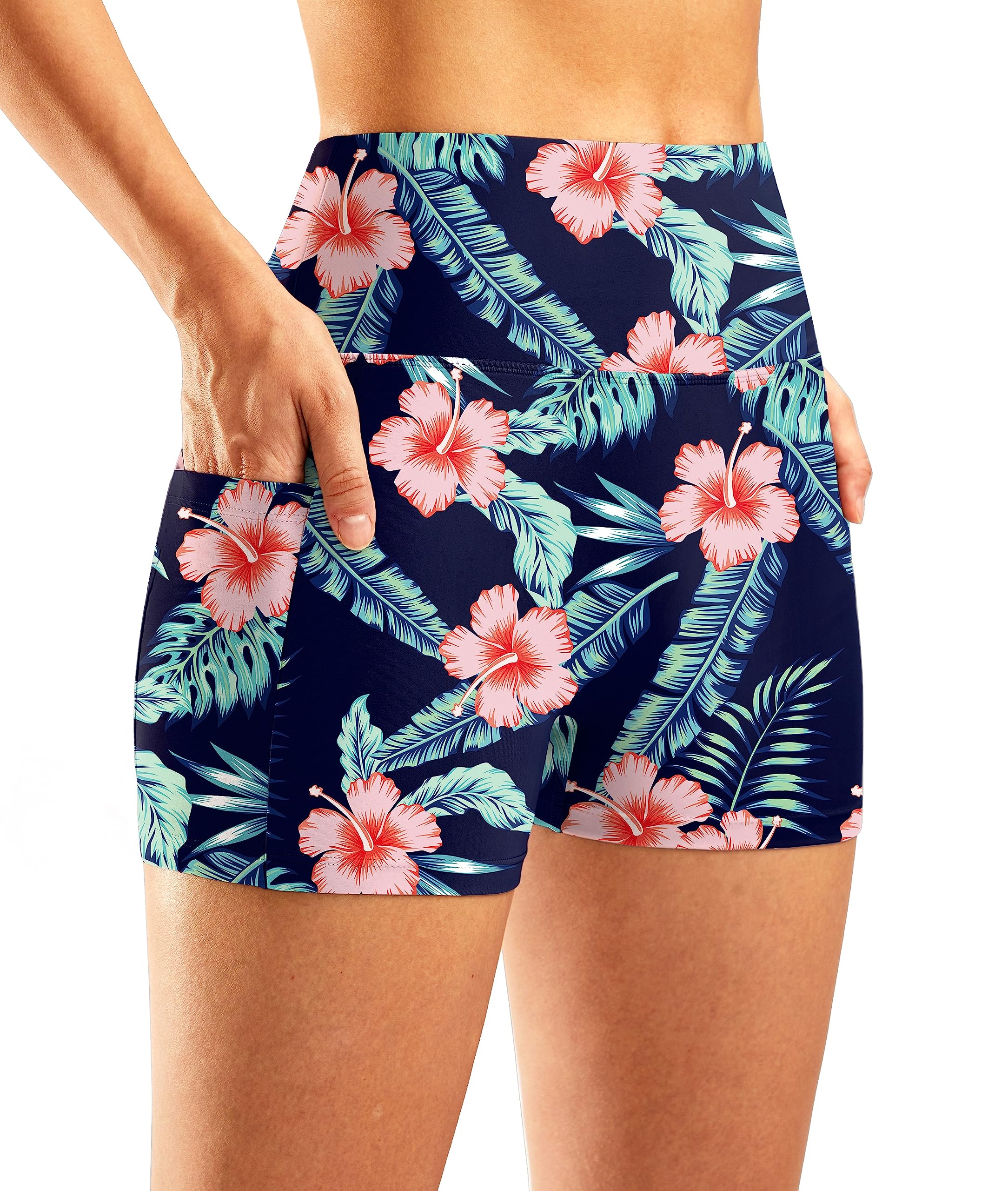 Photo 1 of (LARGE) (USED/FAIR) (BAGGED) Pudolla Womens Swim Shorts High Waisted Bathing Bottom Shorts Tummy Control Board Swimsuit with Pockets(Navy Flower Large)