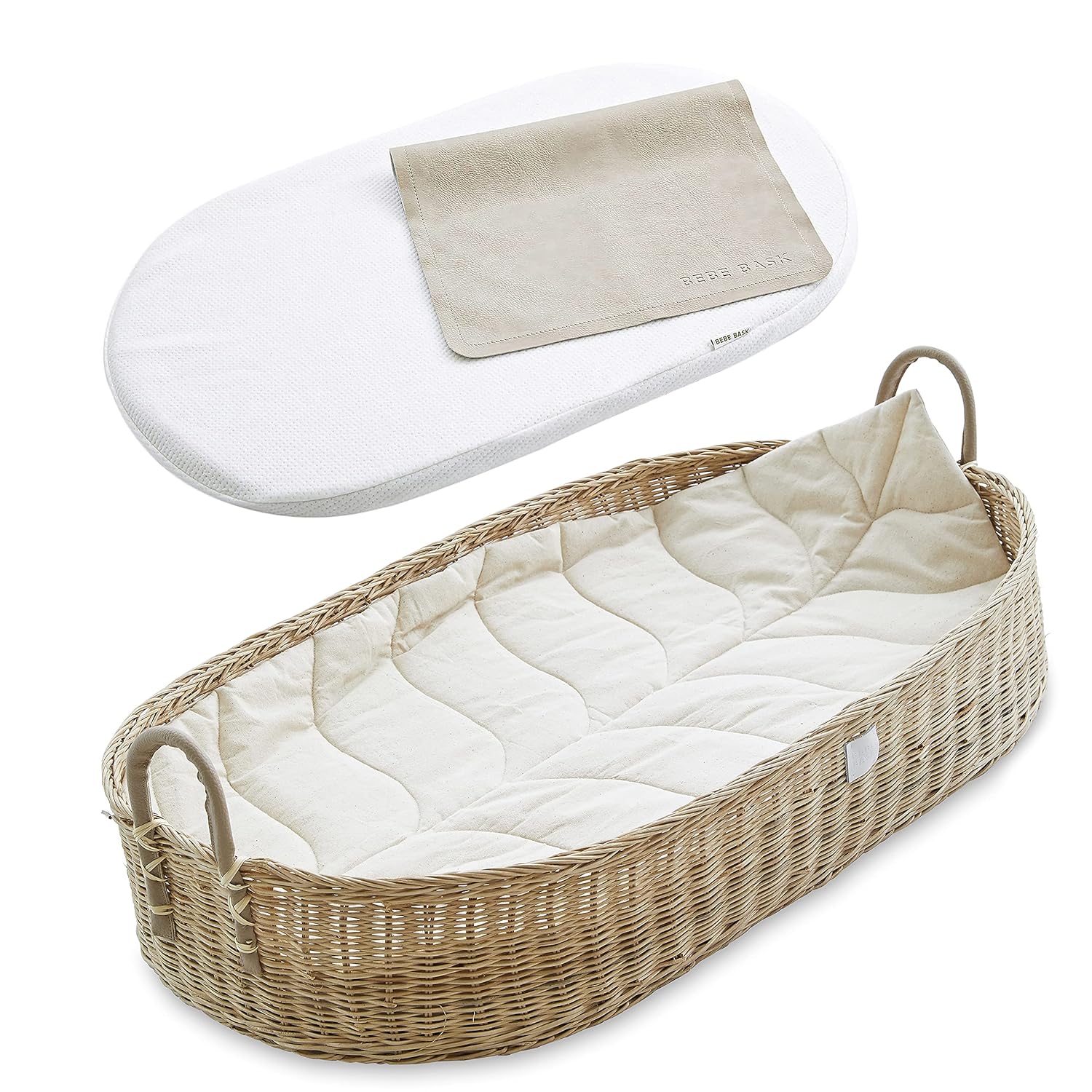 Bebe Bask Premium Baby Changing Basket - Organic Rattan Moses Basket - Luxury Leaf Liner - Thick, Soft & Waterproof Bamboo Pad - Vegan Leather Baby Changing Mat