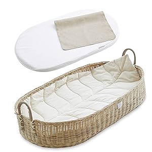 Bebe Bask Premium Baby Changing Basket - Organic Rattan Moses Basket - Luxury Leaf Liner - Thick, Soft & Waterproof Bamboo Pad - Vegan Leather Baby Changing Mat