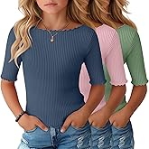 Oakgarden 3 Pack Girl's Half Sleeve T Shirts Kids Ribbed Lettuce Trim Tops Boat Neck Elbow Length Tees for 5-16 Years
