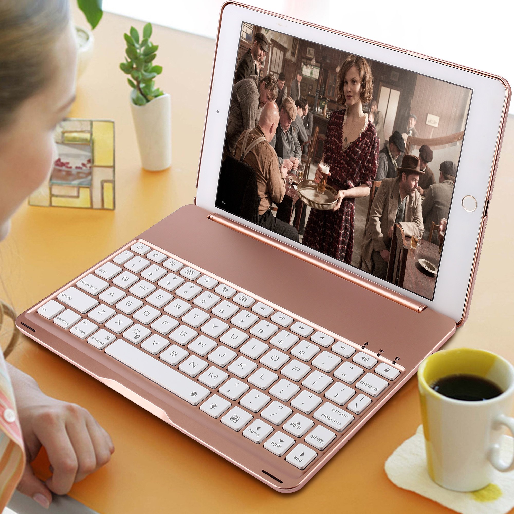 Keyboard Case iPad 9.7 2018(6th Gen) - iPad 9.7 2017(5th Gen) - iPad Air 1-130 Rotating - 7 Color Backlit Keyboard -Thin & Light - iPad Case with Keyboard, (Rose gold, 9,7)
