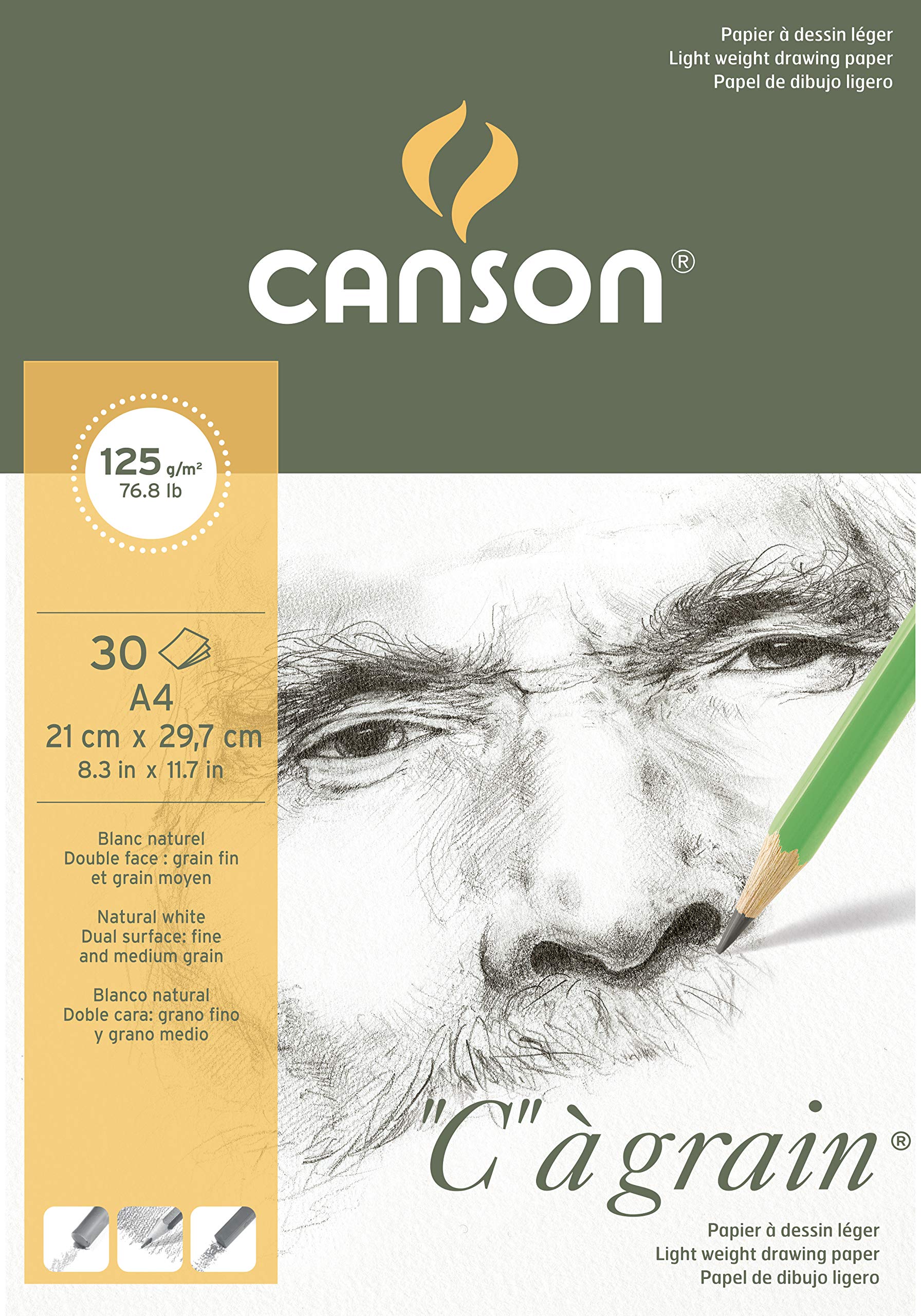 Canson "C à Grain A4 125g White Drawing & Sketching Paper Pad, 30 Sheets, Fine Grain Texture, Glued on Short Side, For Professional Artists