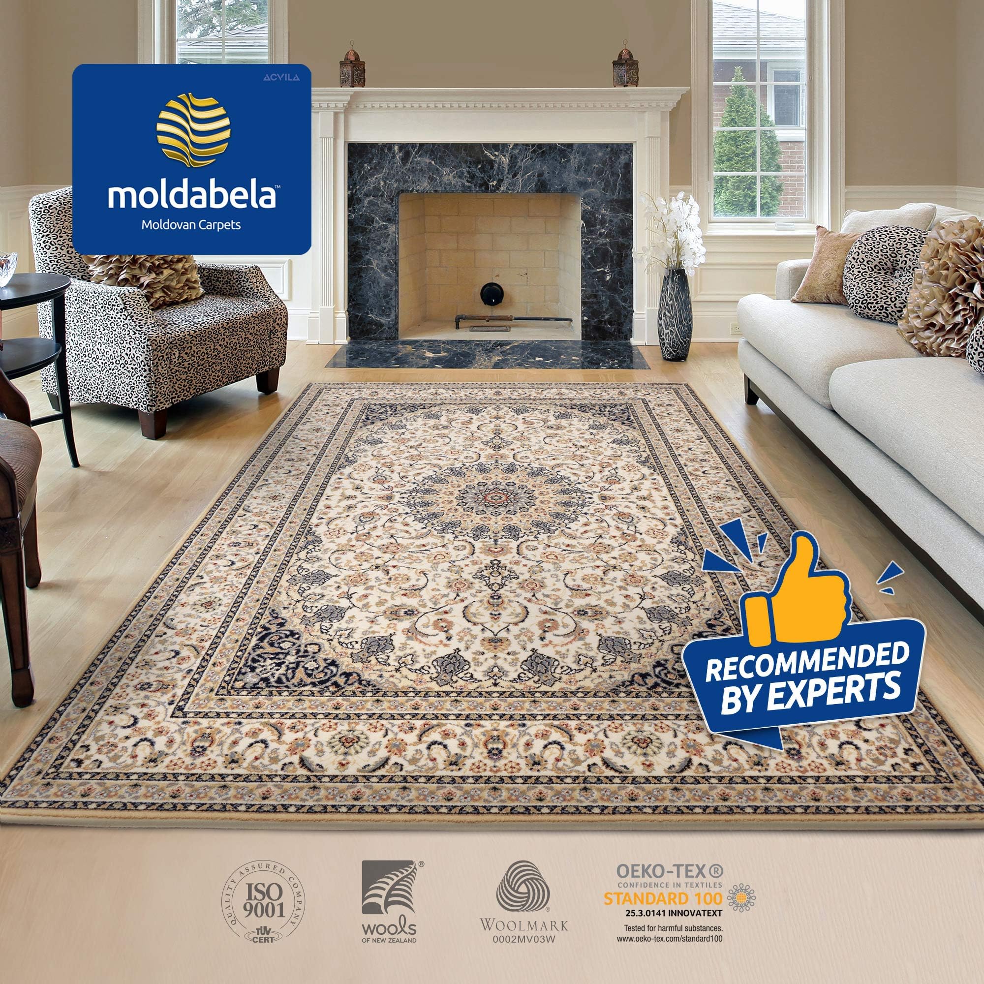 MOLDABELA Classic Large Natural Wool Rug for Living Room & Bedroom, Oriental Rug, Floral Design, Cream, Blue & Green, Soft & Durable Rug, 160x230cm