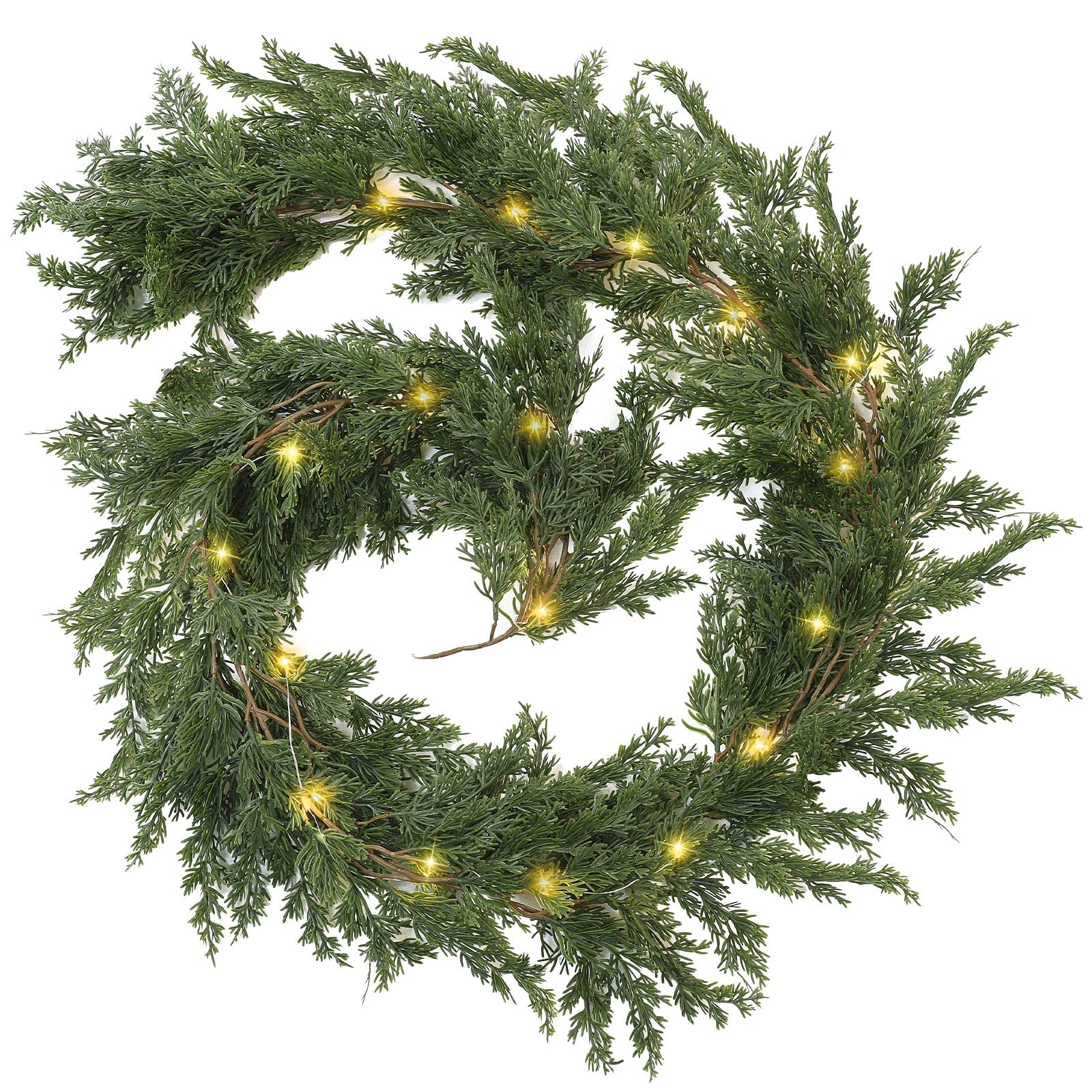 Photo 1 of Jutom 1 Pack LED Christmas Cedar Garland Artificial Pine Cypress Vines with Light Christmas Garland with Lights for Christmas Table Mantle Background Wall Room Outdoor Indoor Winter Decoration (9 ft)