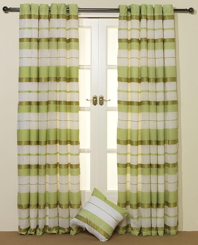 Pair Of Lime Green Faux Linen Stripe Eyelet Lined Curtains 90"wide x 90