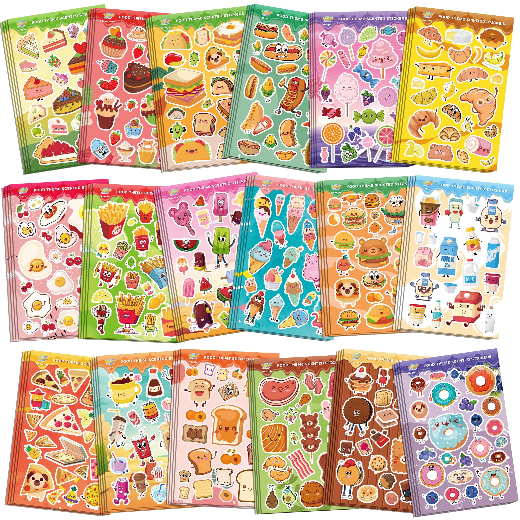 Tageenla Scratch and Sniff Stickers for Kids 72 Sheets, 1600+ PCS Smelly Stickers with 18 Scents, Cute Food/Fruit Pattern, Various Size for Computer, Waterbottle, Positive Reward for Classroom
