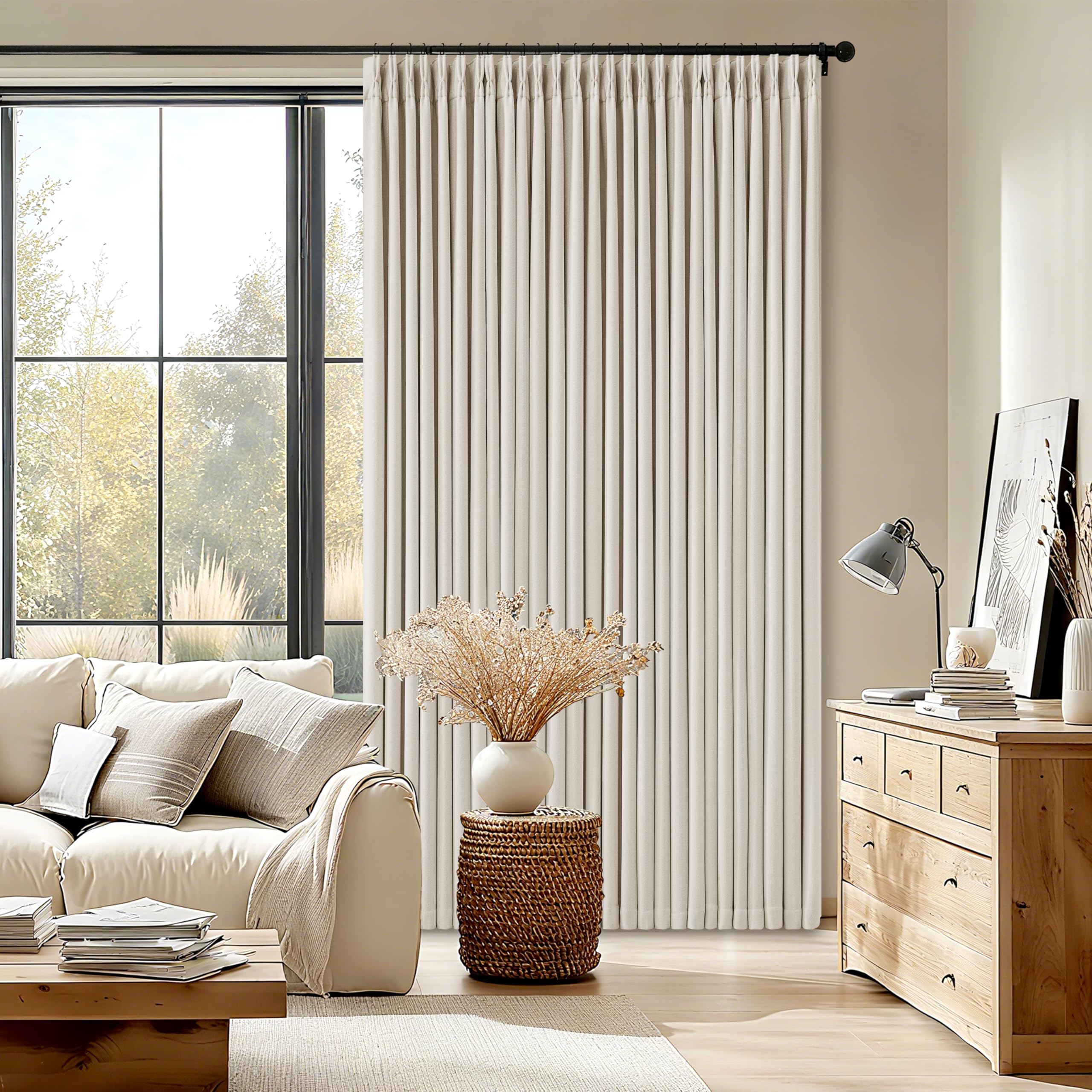 Photo 1 of Pinch Pleated Blackout 90 Inch Bedroom Curtains 70 Inch Wide Linen Dual Layer Soundproof Farmhouse Window Curtains for Living Room Cream Natural Hooks Rings Back Tab 100% Black Out Drapes 1 Panel