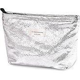 Sminra Makeup Bag Cosmetic bag Silver Preppy Canvas Toiletry Bag for women Cute zipper pouch Organizer Travel accessories (Shiny Silver, Large)