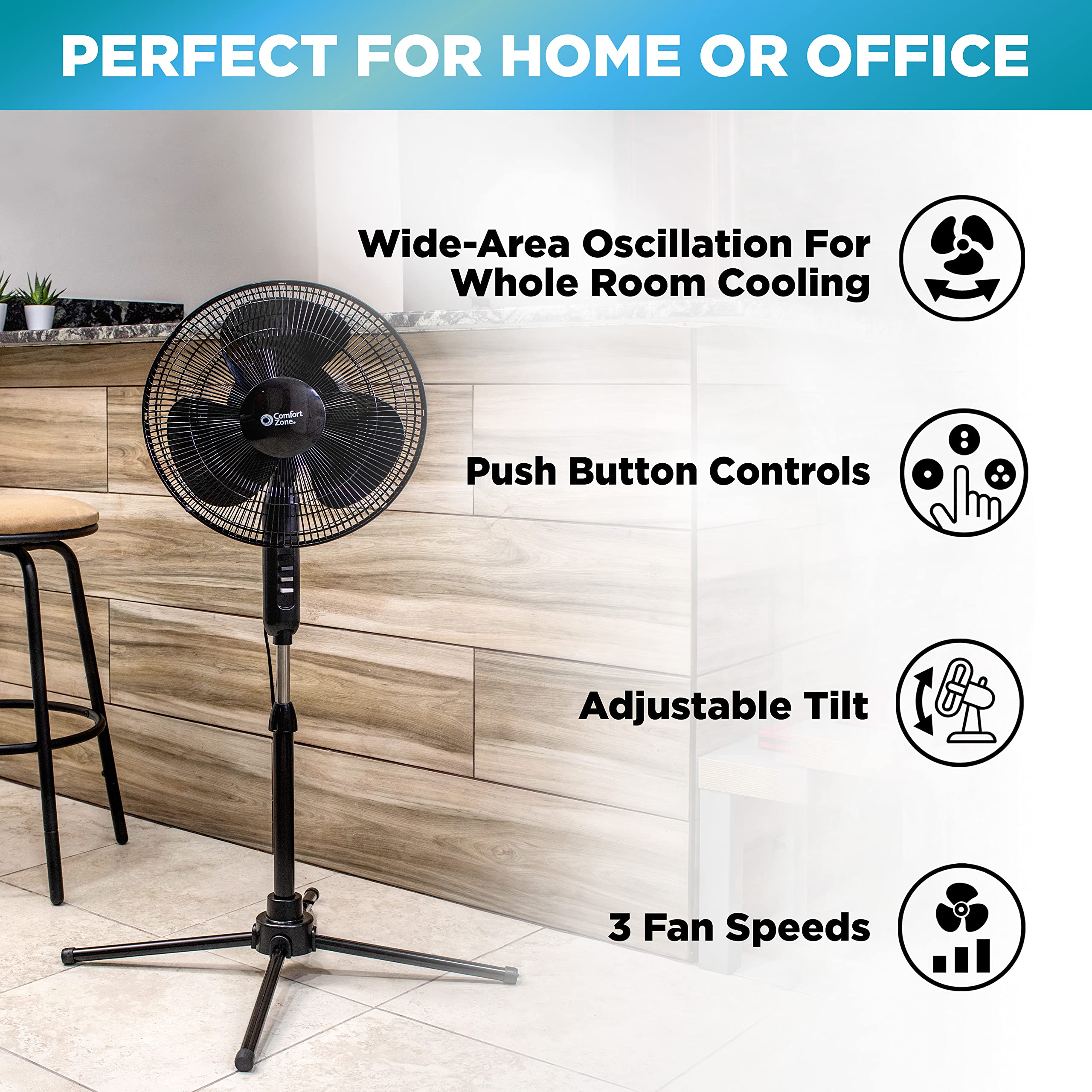 Comfort Zone Electric Oscillating Pedestal Fan, Stand Fan, 16 inch, 3 Speed, 90 Degree Oscillating Head, Adjustable Height and Tilt, Airflow 7.48 ft/sec, Ideal for Home, Bedroom & Office, CZST161BTEBK