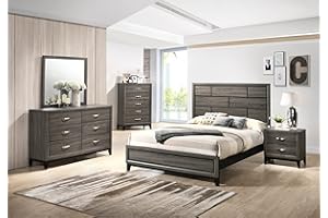 Roundhill Furniture Stout Panel Queen Size Bedroom Set with Bed, Dresser, Mirror, Night Stand, Chest, Grey