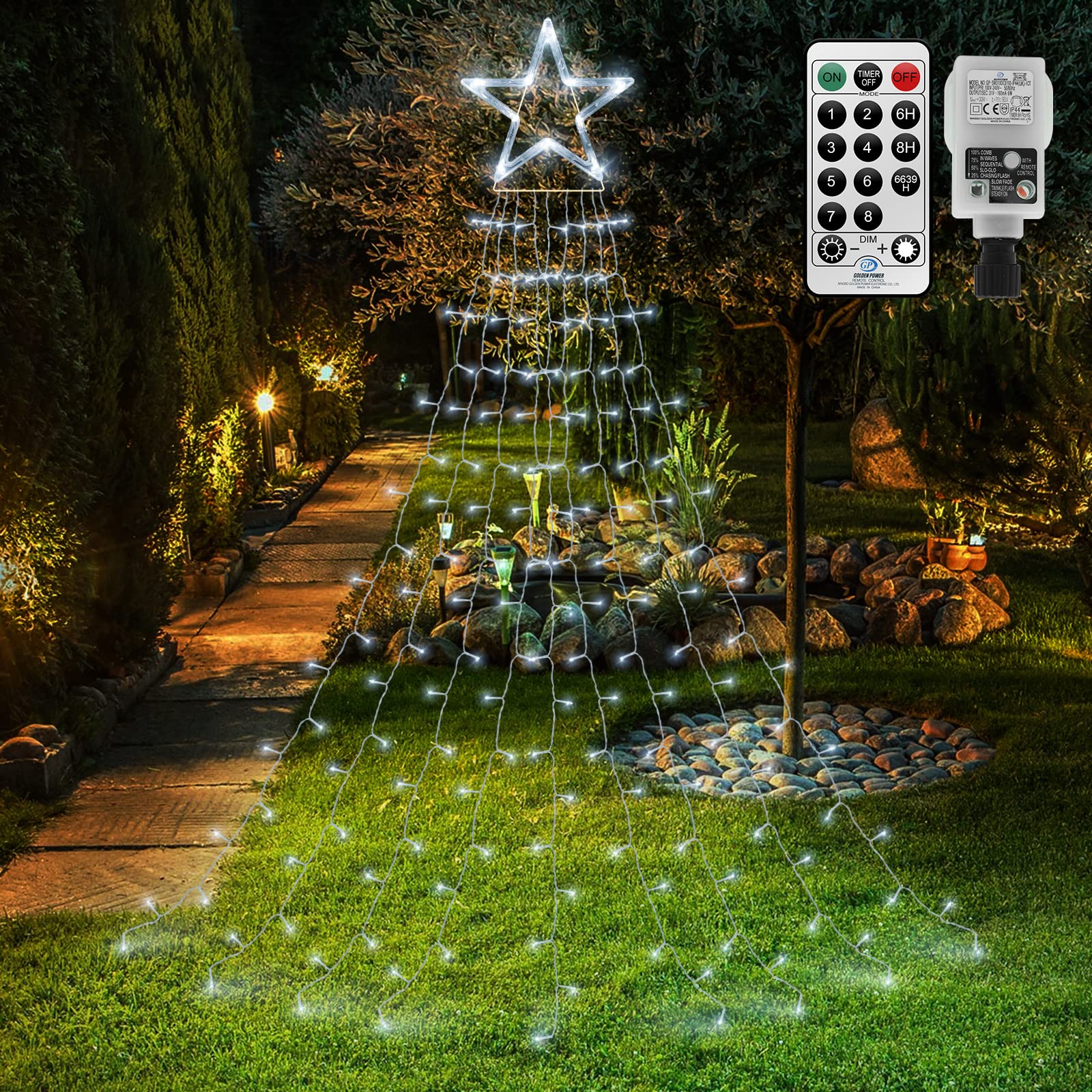 Outdoor Christmas Lights Star Curtain Lights Mains Powered Window Curtain Lights Plug in Hanging Christmas Tree Lights 335 LED for Outside Room Gazebo Xmas Decor(White)