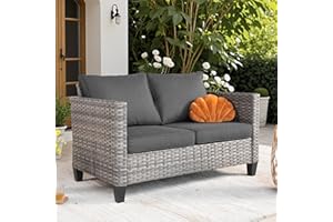 ovios Patio Loveseat, 2-Seater Outdoor Wicker Sofa Couch with Comfy Cushions, All Weather High Back Deep Seating Rattan Love Seat for Porch Deck Balcony, Black