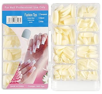 Foolzy Nail Tips,500pcs Acrylic False Nails Long Square Fake Nail Tips, 10 Sizes Artificial Nails for Nail Salons and DIY Nail Art at Home(Natural)