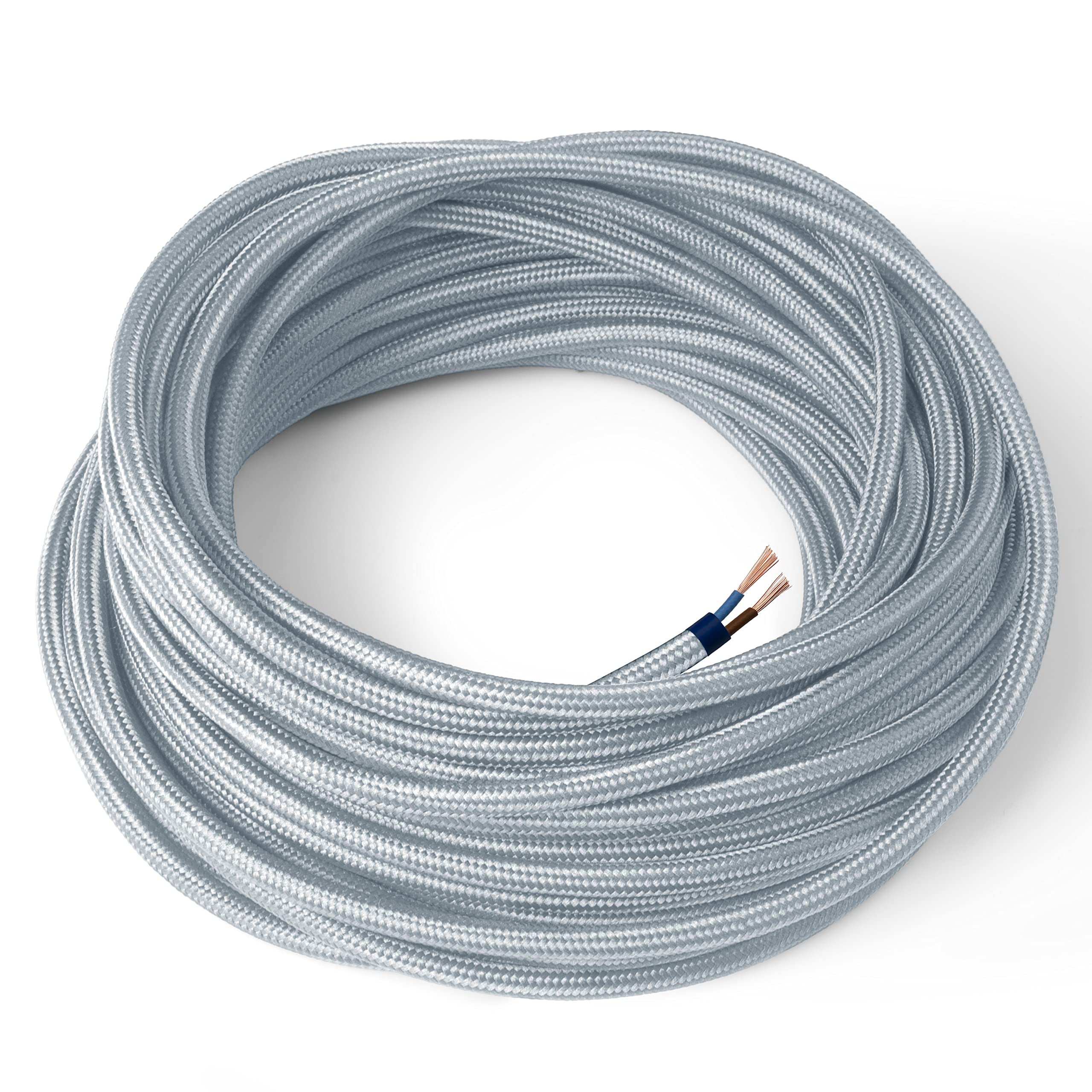 Amarcords - Textile Electrical Wire color SILVER, round, silk, 10 meters, 2 conductors 2x0.75 - Wire coated in colored vintage fabric for chandeliers and lamps applique lampshades.