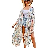 Hibluco Women's Long Floral Kimono Printed Cardigan Sheer Swimsuit Cover Ups