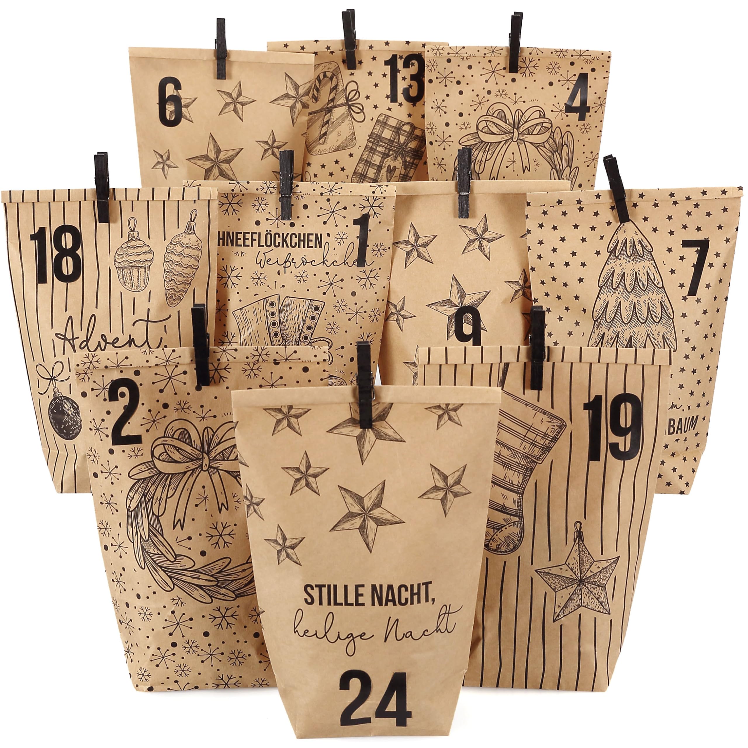Papierdrachen Advent Calendar, Printed Bags Wrapping Paper, Classic Christmas Motifs with Black Clips, Set of 12