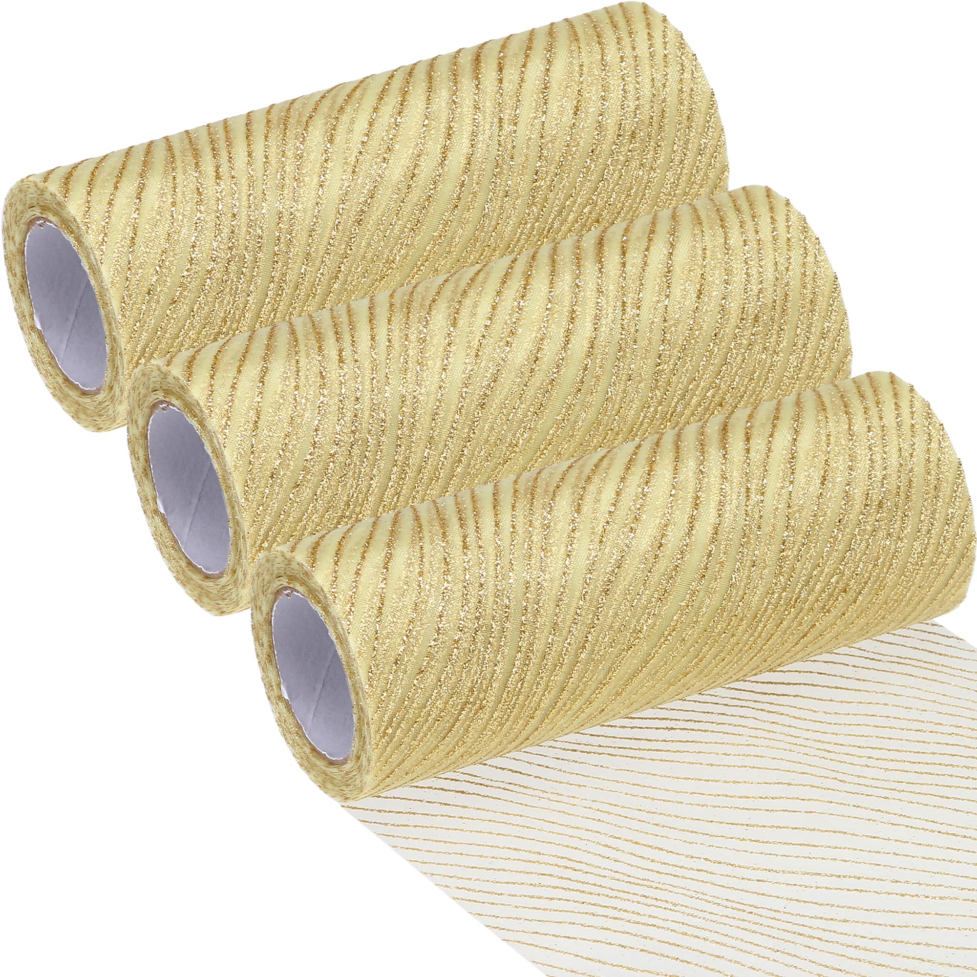 Sea Team 6-Inch-Wide Sheer Glitter Yarn Ribbon, Decorative Mesh Ribbon for Christmas Trees, Wreaths, Garlands, Art Crafts, Seasonal Decorations (3-Pack, 10-Yard/Pack, Gold)