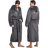 ToastyLife Mens Hooded Robe Ultra Soft Fluffy Flannel with Big Pockets Luxurious House Coat Fleece Plush Calf Length Bathrobe