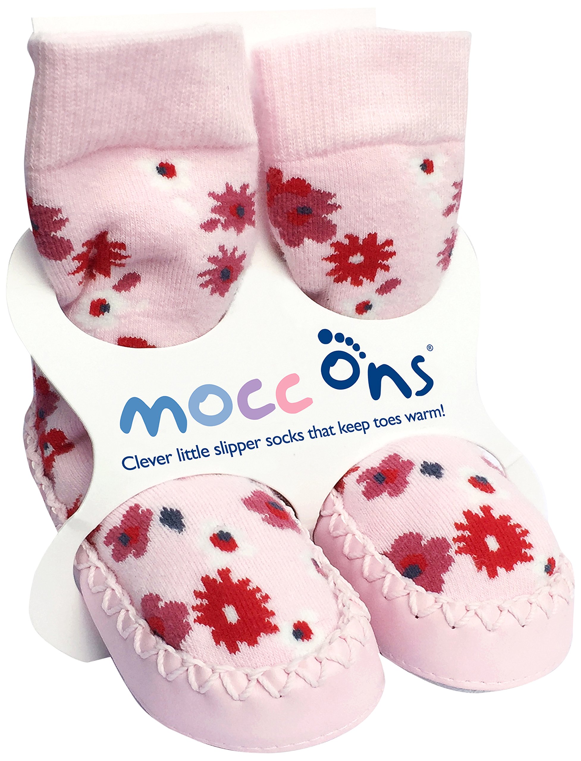 Mocc Ons moccasin washable leather sole slipper socks (18-24 Months, Floral Ditsy)