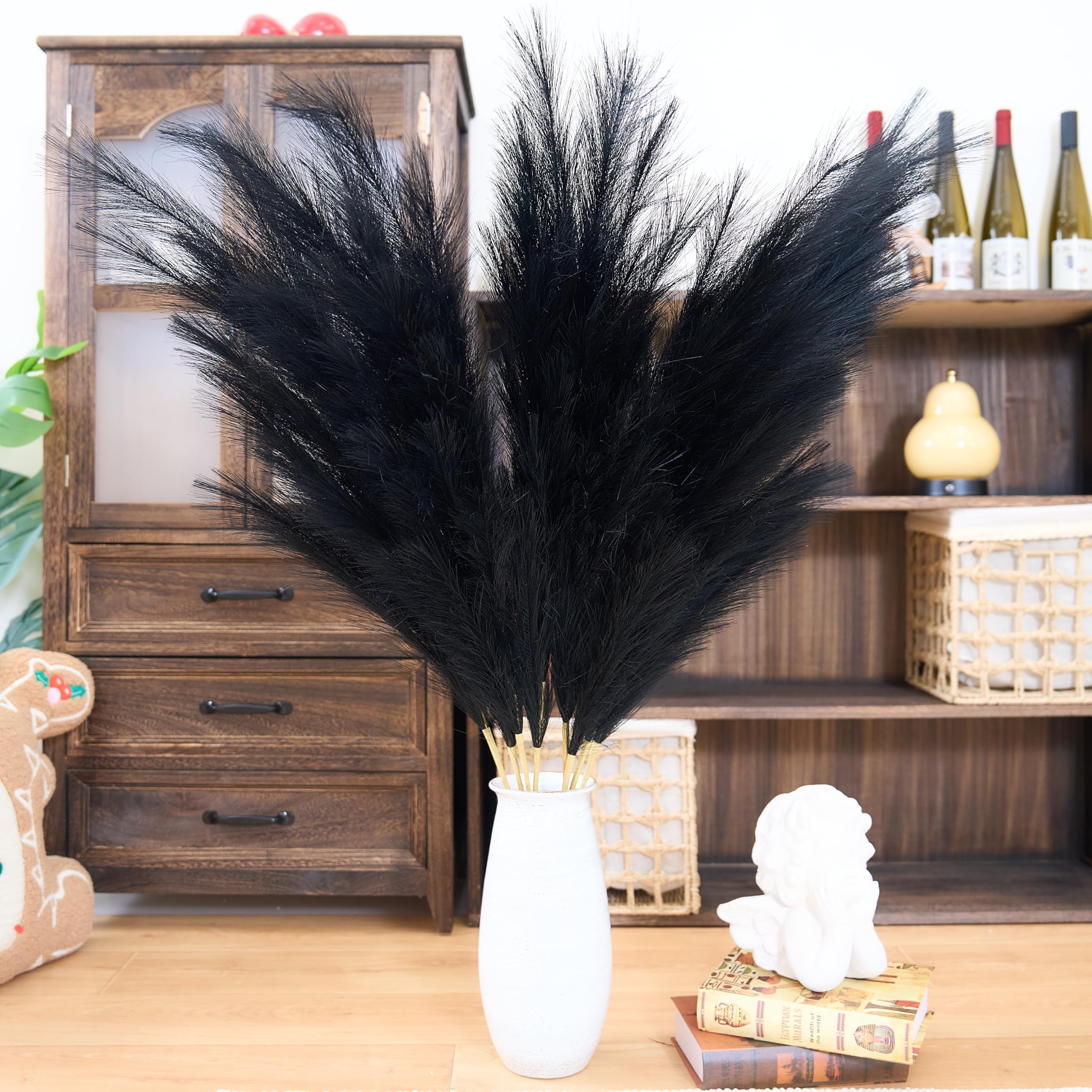 Pampas Grass Decor Tall,8pcs 43.3"/110cm Large Pampas Floral Fluffy,Long Feather Flowers for Boho Wedding Arangement Bedroom Living Room Decorations (black, 8pcs 43.3"/110cm)