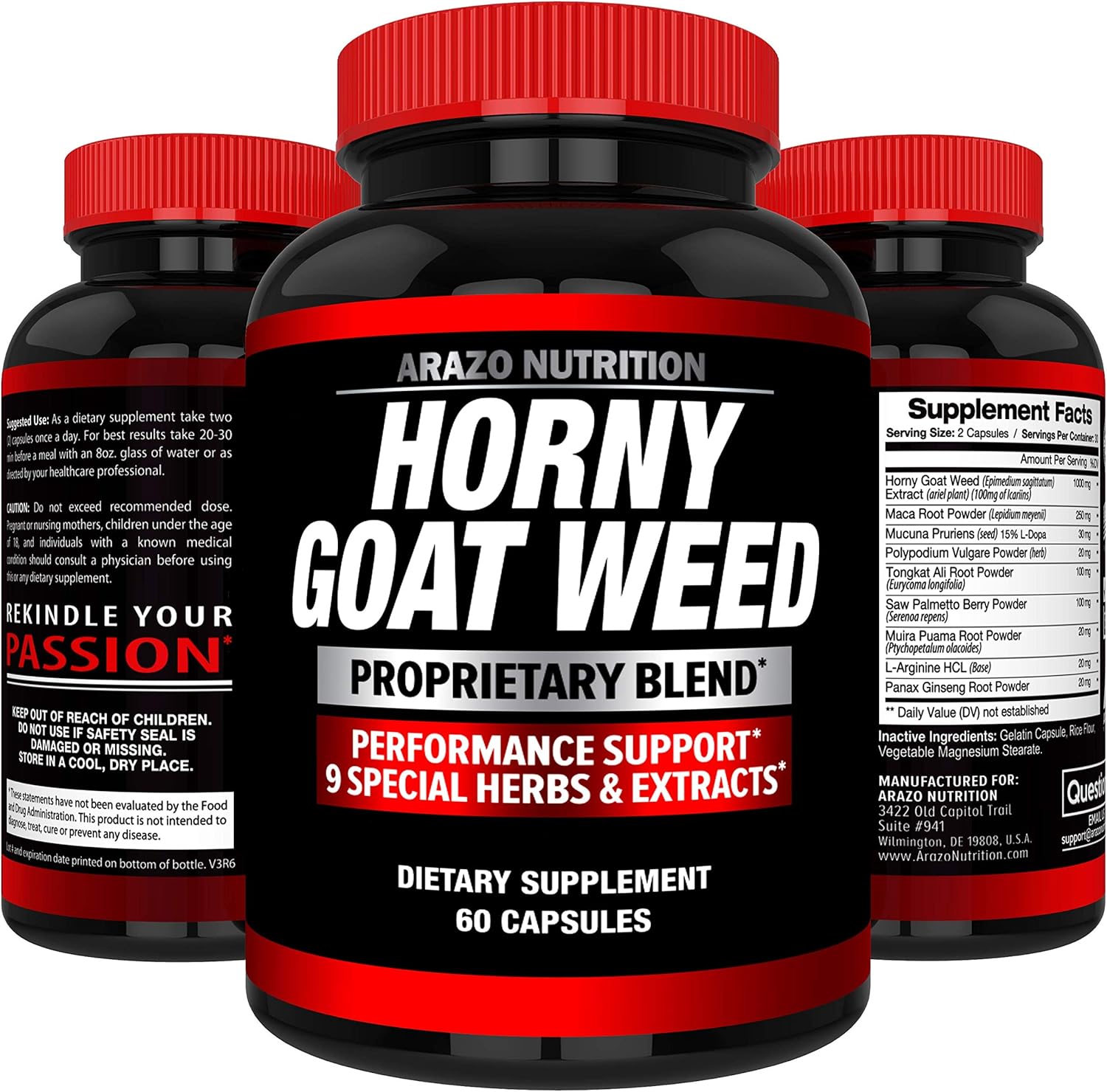 Premium Horny Goat Weed Extract with Maca Root, Ginseng, Muira Puama and L-Arginine - for Men and Women – 100% Pure Herbal Nutritional Supplement - Arazo USA: Health & Personal Care