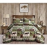 Ycosy Rustic Lodge Quilt Set Moose Elk Bedspread King Size Forest Bear Deer Quilt Matcha Green Reversible Festive Cabin Coverlets Farmhouse Decor Bed Cover Sets with 2 Pillow Shams