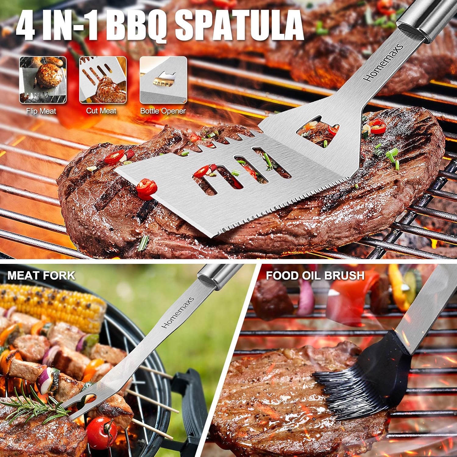 Homemaxs 25PCS Grilling Accessories, BBQ Grill Tools Set with Case, Barbecue Tools for Men, Extra Thick & Long Stainless Steel, Cleaning Brush, Meat Claw, Kabob, Meat Injector for Camping/Backyard BBQ : Garden & Outdoor