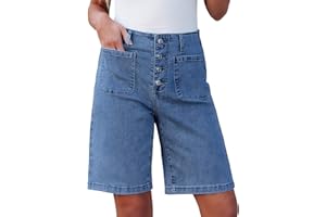 luvamia Bermuda Shorts for Women Jean High Waisted Trendy Patch Pockets Casual Summer Button Fly Stretchy Denim Shorts