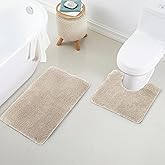 YHF Bathroom Rug Set 2Piece, Thick &Soft Microfiber Shaggy, U Shaped Contour, Machine Washable Bath Mats, Absorbent Bath Rugs, Non-slip Rubber Backing Bath Mat for Bathroom Floor, Tub and Shower,Beige