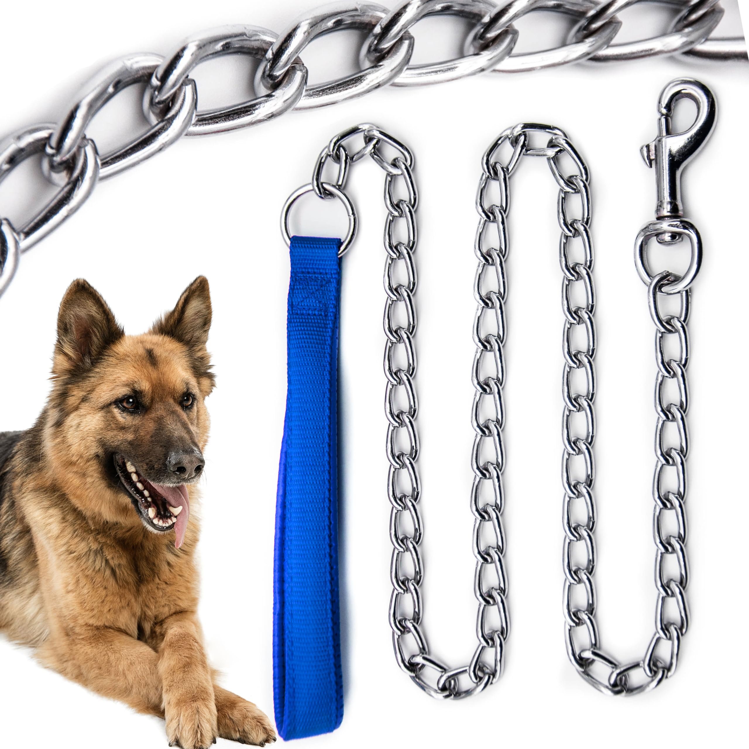 4ft Long – Heavy Duty DOG CHAIN – 4mm Thick Lead with STRAP – Chew Proof Leashes for Dogs – Outdoor Use, Camping Accessories, Walking Leash, Puppy Training Leads (Blue)